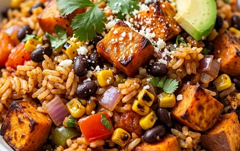 Southwest Sweet Potato, Black Bean and Rice Skillet